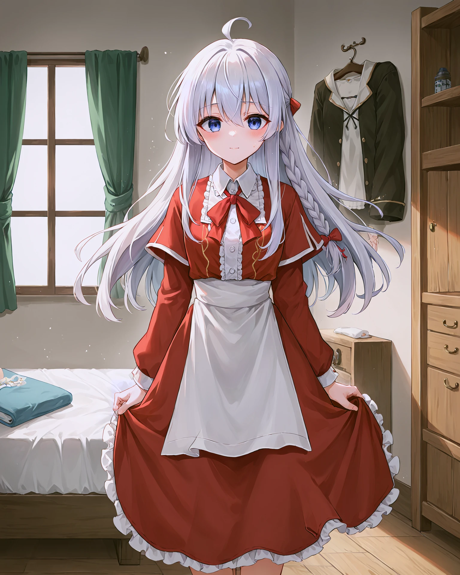 <lora:Majo_Elaina_XL:0.7> elaina, blue eyes, white hair, hair between eyes, long hair, bangs, ahoge, braid, single braid, hair bow, pink bow, ribbon, hair ribbon, red ribbon, sidelocks, shirt, white shirt, collared shirt, wing collar, long sleeves, capelet, red capelet, dress, red dress, long dress, frills, frilled dress, apron, waist apron, white apron, barefoot, dancing,, <lora:9_Detail_Tweaker_XL:0.8>, score_9, score_8_up, score_7_up, source_anime, masterpiece, best quality, highly detailed background, cinematic lighting, detailed eyes, perfect face,, lazy, teenager room, messy, bedroom, bed sheet, closet,