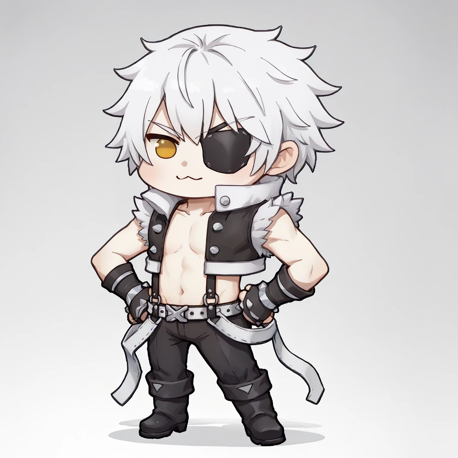 score_9, score_8_up, score_7_up, source_anime, 1boyl,  solo, whitesmith-ro, open clothes, fur trimmed shirt, belt, suspenders, sleeveless,  white hair, yellow eyes, eye patch  <lora:whitesmith-pdxl-dora:1>, doro, creature, chibi, :3, no humans, four legs, solid circle eyes, no pupils, white skin, <lora:Doro_X_PDXL_V1:1>, hands on hips, black pants, boots, gloves