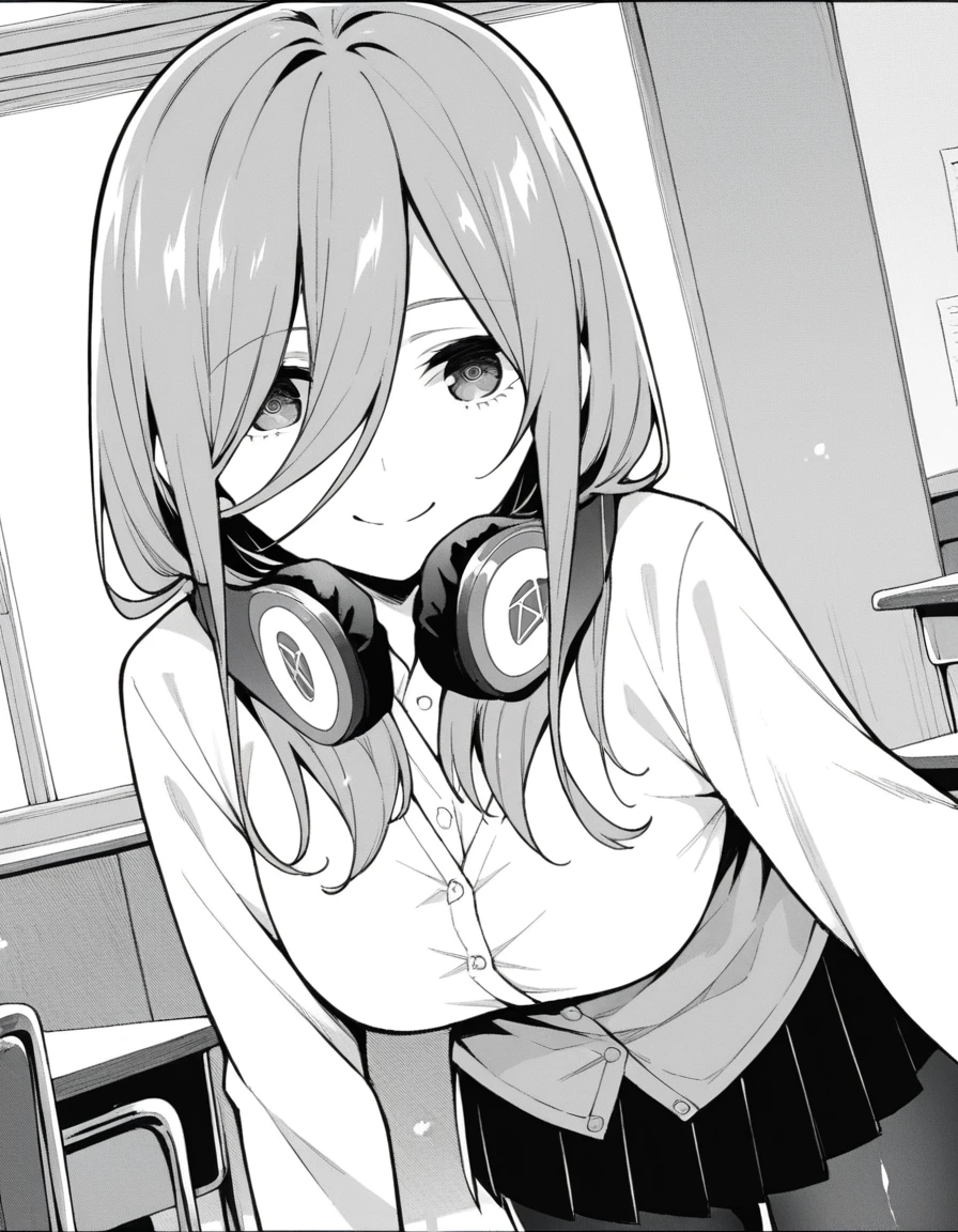 score_9, score_8_up, score_7_up, source_anime,
mikunakano, <lora:miku-nakano-manga-ponyxl-lora-nochekaiser:1>,
miku nakano, long hair, bangs, shirt, hair between eyes, headphones, headphones around neck, monochrome, greyscale,
skirt, shirt, long sleeves, white shirt, pantyhose, pleated skirt, black pantyhose, cardigan,
indoors, classroom, bent over, smile,
looking at viewer, cowboy shot, dutch angle, solo, mature female,