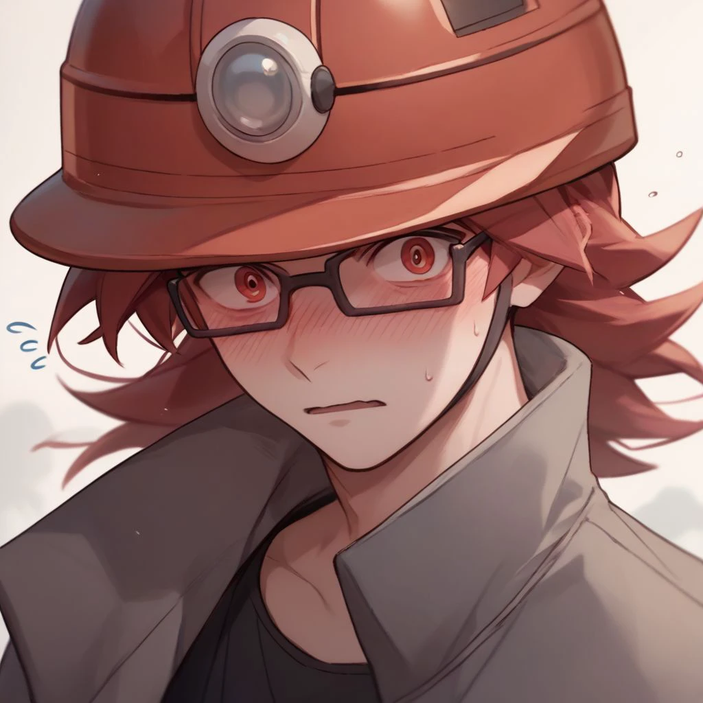 score_9,score_8_up,score_7_up,score_6_up,score_5_up,score_4_up, solo, 1boy, red hair, red eyes, medium hair, glasses, grey jacket, black shirt, sleeveless, grey pants, white gloves, red headwear, helmet, blush, embarassed,