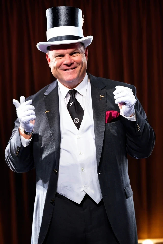 jon tester <lora:senate_051_jon_tester:0.65> , face closeup, face focus, shirt, formal, suit, collared shirt, white shirt, jacket,
Dressed in a magician's outfit with a top hat, standing in front of a stage, rabbit out of a hat,
best quality, masterpiece, HDR, professional, studio quality, highres,