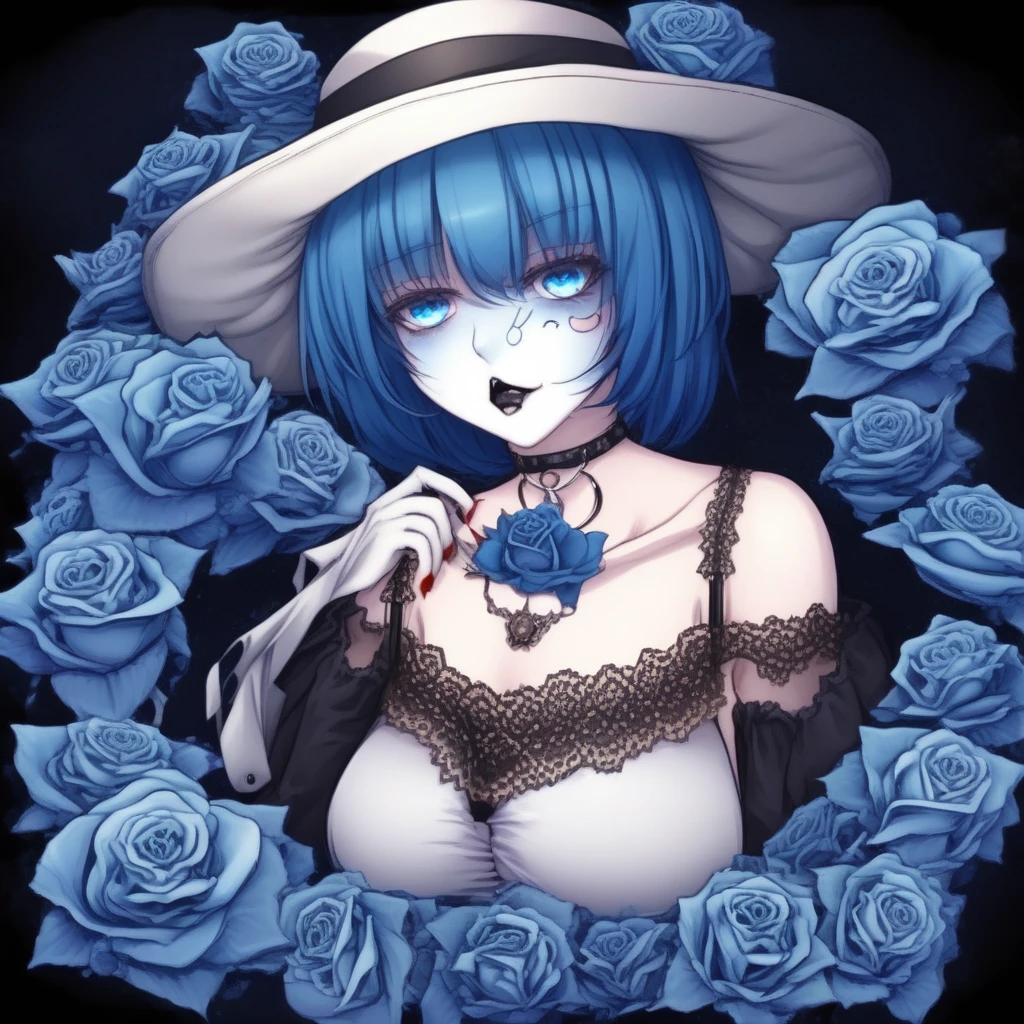 ghost, lily (flower), cleavage, 1girl, blue rose, thighhighs, ascot, piercing, choker