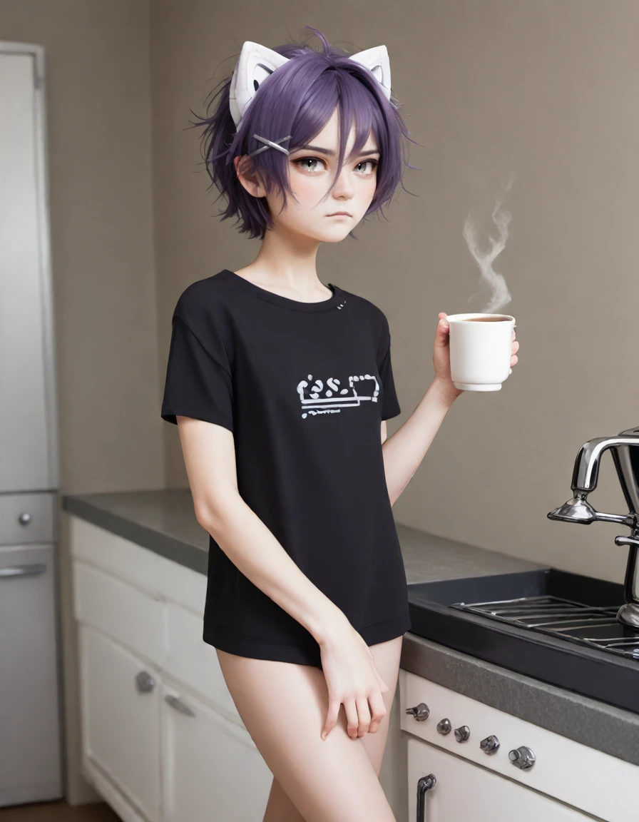 score_9, score_8_up, score_7_up, score_6_up,  raw photo,, source_realistic, textured skin, skin pores,<lora:jeanfaymas-pxl:1>,jeanfaymas, walking into in a kitchen in the morning, 1girl, purple hair, solo, hair ornament, short hair, cup, blush, black shirt, looking at viewer, closed mouth, holding a coffee mug, no pants, cat ears, hair between eyes, hairclip, x hair ornament, messy hair, sketch, grey eyes, interface headset, barefoot,