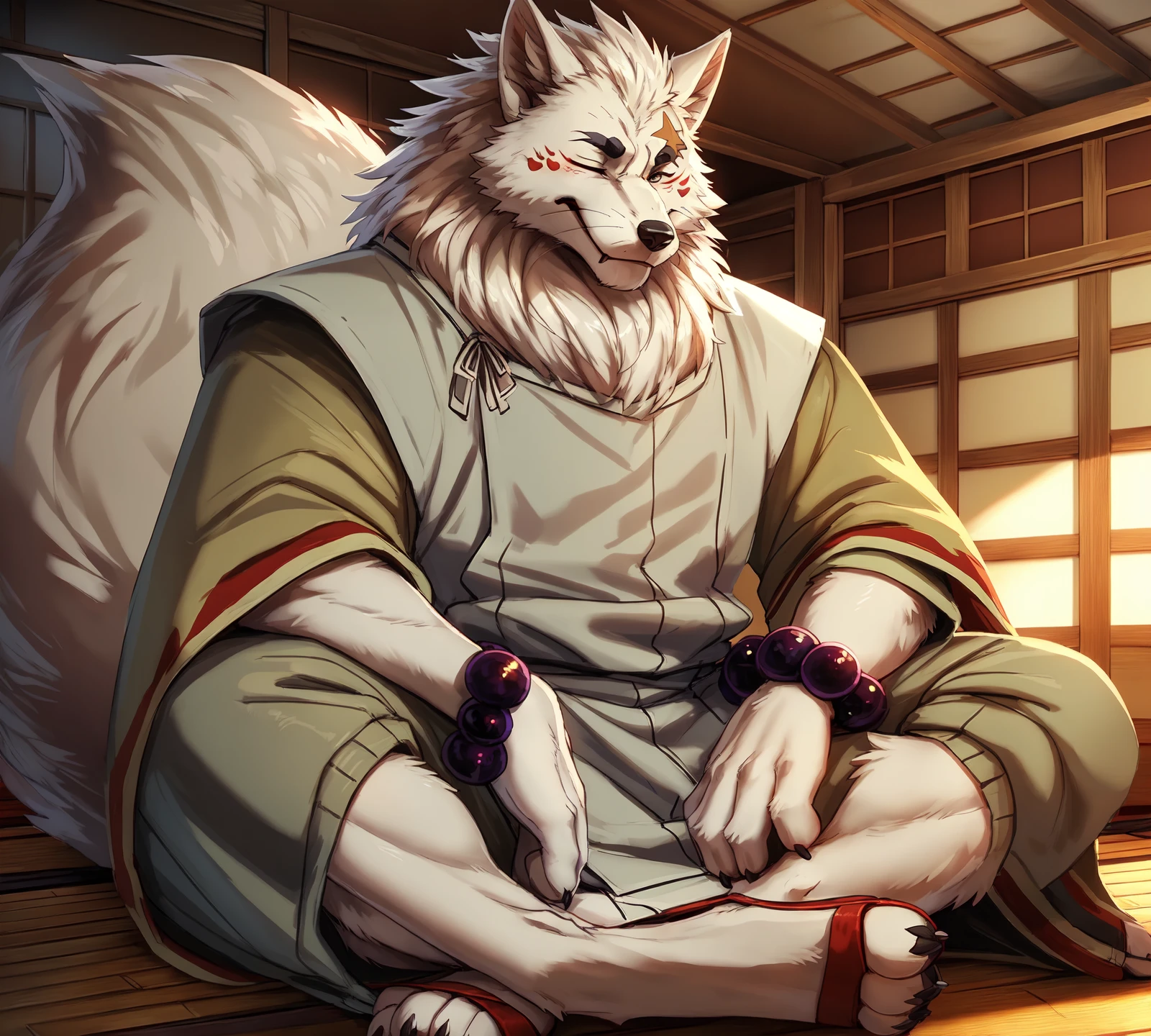 this photograph depicts a male gintar0 sitting, solo, gintar0, canid, electric fan, eyes closed, hand under chin, elbow rest, 4 fingers, 4 toes, sandals, anthro, fluffy fur,(large fluffy tail:1.2), white fur,clothing, white kimono, bottomwear, white body,bead bracelet,light smile, fangs, light blush, canine teeth, blep, tongue, feet,paws, claws, anatomically correct,  4k,hi res,detailed, insanely detailed, depth of field, foreshortening, indoors, tatami, tatami floor, (cinematic lighting, wide dynamic range, hdr), by lion21, by sky gomi, by negy, by lynncore, by imperatorcaesar,by kammi-lu, by falcrus, by patto, by zackary911,by personalami,rembrandt, <lora:gintar0_YM:0.8>