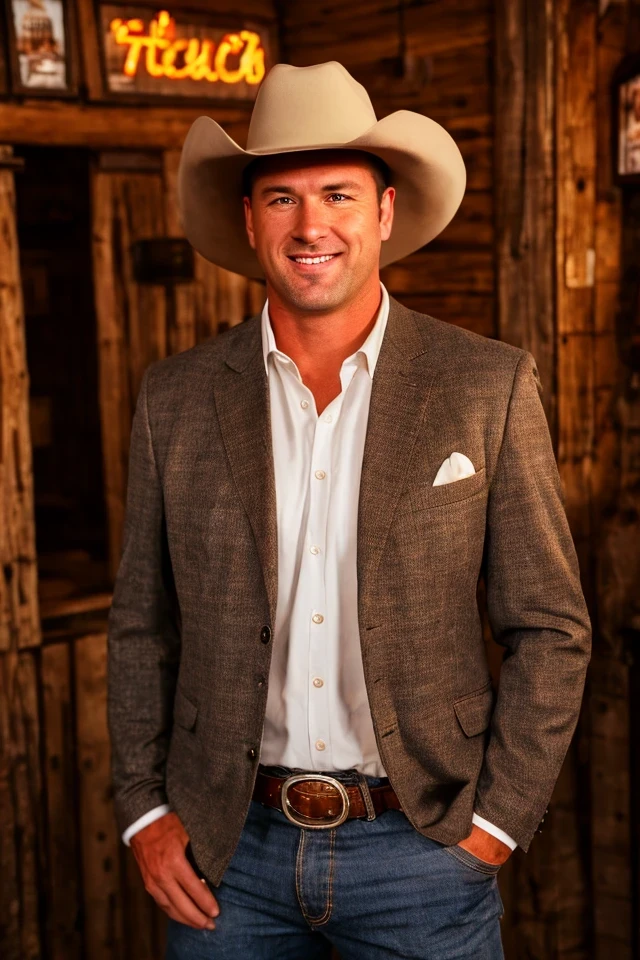 eric schmitt <lora:senate_050_eric_schmitt:0.65> , face closeup, face focus, shirt, formal, suit, collared shirt, white shirt, jacket,
Dressed in cowboy attire with a ten-gallon hat and cowboy boots, standing in front of a Western saloon, lasso or branding iron,
best quality, masterpiece, HDR, professional, studio quality, highres,