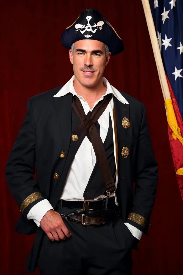 bob casey jr. <lora:senate_075_bob_casey_jr.:0.65> , face closeup, face focus, shirt, formal, suit, collared shirt, white shirt, jacket,
Clad in a pirate outfit with an eyepatch, standing on a pirate ship with a Jolly Roger flag in the background, "Treasury Hunt",
best quality, masterpiece, HDR, professional, studio quality, highres,