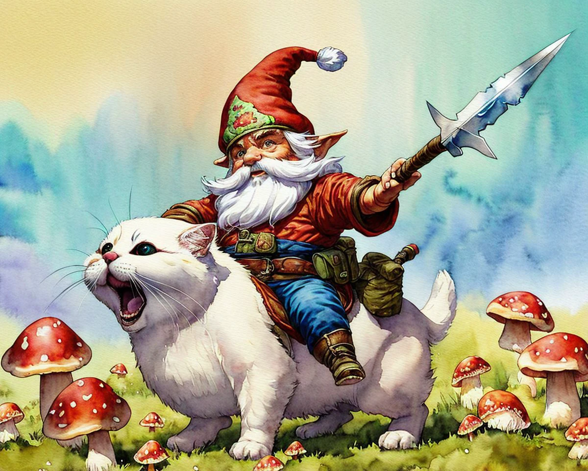 watercolor illustration of a gnome riding a cat, wielding a spear, gnome cavalry, big red mushrooms in the background, colorful, cute, whimsical