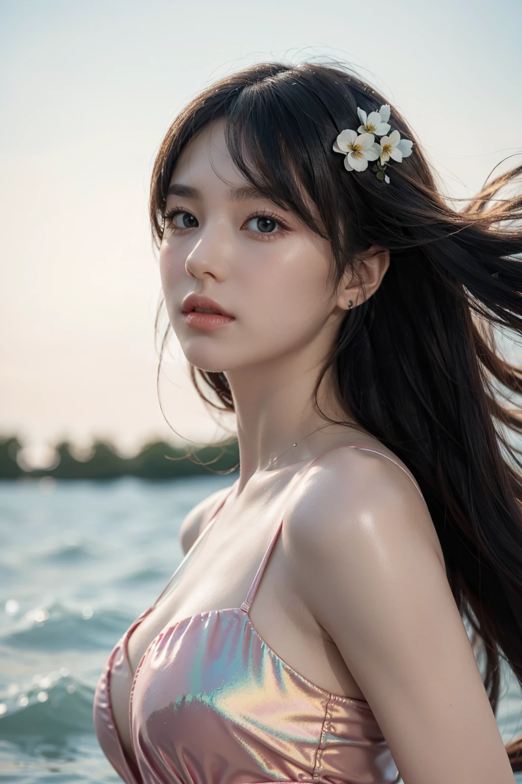 ((RAW photo:1.2)), ((masterpiece:1.2, best quality)), highres, 8k, (realistic, photo-realistic:1.4), naturalness, ultra detailed, physically-based rendering, beauty, detailed beautiful eyes and detailed face, (best shadow), (exquisitely detailed real skin texture, Detailed glossy skin), (normal physical expression, perfect anatomy:1.7), (cinematic lighting), Moist lips,
break
1 girl, Hatsune miku, beautiful girl, medium breasts, exquisite eyes, exquisite face, exquisite hair, pearl-like eyes, dynamic pose, wavy hair, long hair, disheveled hair, simple white background, floating bubbles, flowers, fusion china dress and iridescent color swimsuit, transparent outskirt, beautiful detailed clothes and accessories, fusion shinny satin and latex swimsuit, fusion abstract pink liquid art and ink splash