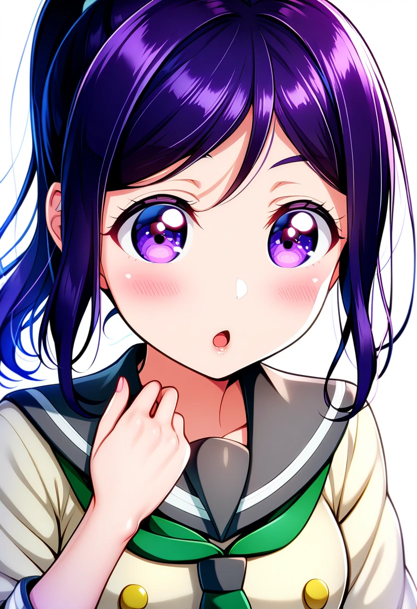 v-mag, 1girl, love live matsuura kanan, purple eyes, ponytail, green neckerchief, upper body, uranohoshi school uniform, simple white background