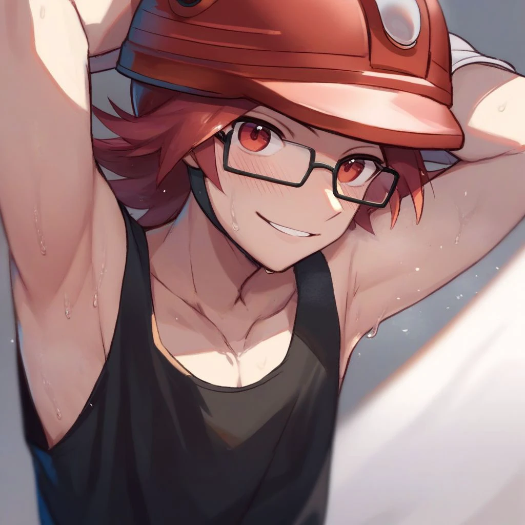 score_9,score_8_up,score_7_up,score_6_up,score_5_up,score_4_up, 1boy, red hair, red eyes, medium hair, glasses, tank top, black shirt, sleeveless, grey pants, white gloves, red headwear, helmet, smile, blush, sweat, parted lips, hands behind head, collarbone, armpit, looking at viewer