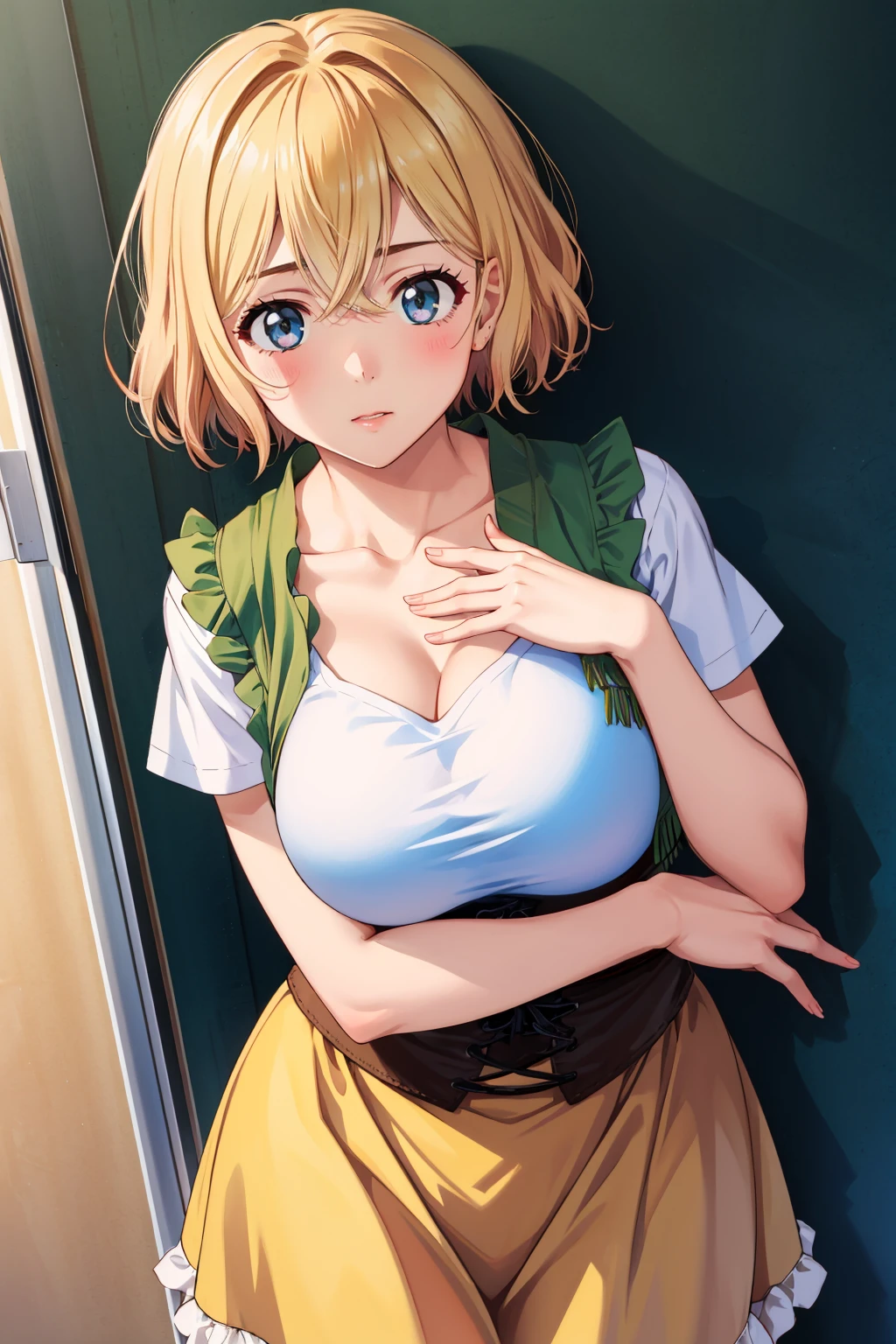 masterpiece, best quality, 1girl, <lora:nanamimami-nvwls-v1-000009:0.9> nanamimami, white shirt, green vest, frills, short sleeves, corset, yellow skirt, cleavage, large breasts, hand on own chest, looking at viewer, dutch angle, leaning forward, city