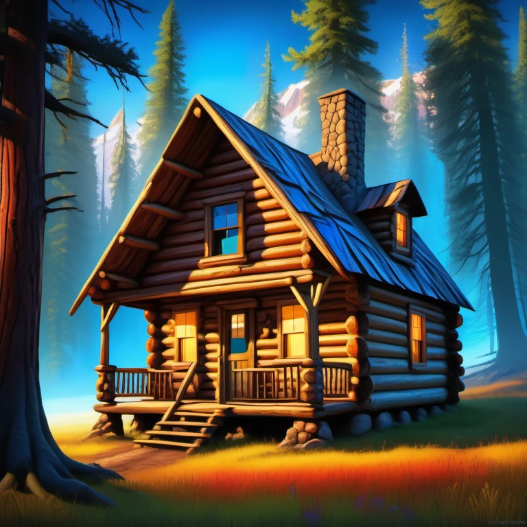 A rustic log cabin with a steeply pitched roof, its silhouette standing out against the backdrop of the wilderness., log_cabin, exterior, <lora:Wolvie_LogCabin_SDXL_v1.1:1>, colorful, saturated, textured, luminism, ultra highly detailed, 32k, fantastic realism, complex background, dynamic lighting, highly detailed, intricate, painting