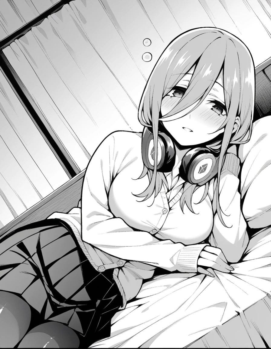 score_9, score_8_up, score_7_up, source_anime,
mikunakano, <lora:miku-nakano-manga-ponyxl-lora-nochekaiser:1>,
miku nakano, long hair, bangs, shirt, hair between eyes, headphones, cardigan, headphones around neck, monochrome, greyscale,
skirt, shirt, long sleeves, white shirt, pantyhose, pleated skirt, black pantyhose, cardigan,
indoors, bed, bed room, on side, blush, drunk,
looking at viewer, cowboy shot, dutch angle, solo, mature female,