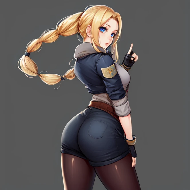 cowboy shot, solo, <lora:mirageKoas:0.7>, mirage_koas, blonde hair, long hair, braid, single braid, braided ponytail, parted bangs, blue eyes, jacket, open jacket, shirt, high collar, belt, fingerless gloves, wristbands, shorts, pantyhose, simple background, from behind, looking back, highres, Digital art, trending on artstation, best quality, insanely detailed, masterpiece, stunning environment, wide-angle,