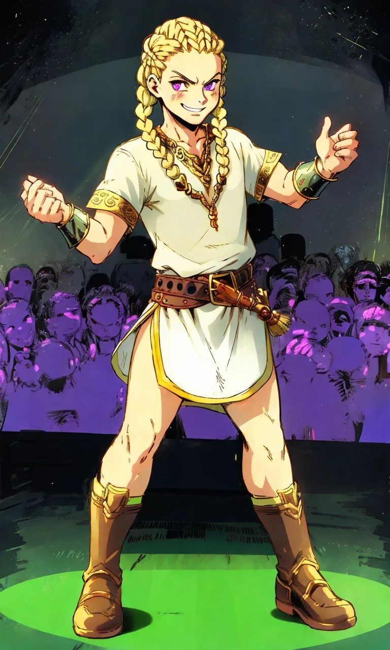 comic style, masterpiece, <lora:gow_h1emdall:0.6>, h1emdall, 1boy, blonde cornrows braids, smug, white tunic, belt, bracers, purple eyes,  disco dance floor,