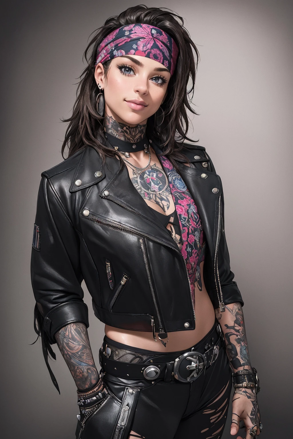 ((Masterpiece, best quality, edgQuality)),smile,1girl,solo,standing,posing for a picture
edgSP, a woman with tattoos and bandana ,wearing edgSP_outfit,leather jacket
<lora:edgSteelPantherRv1:1>