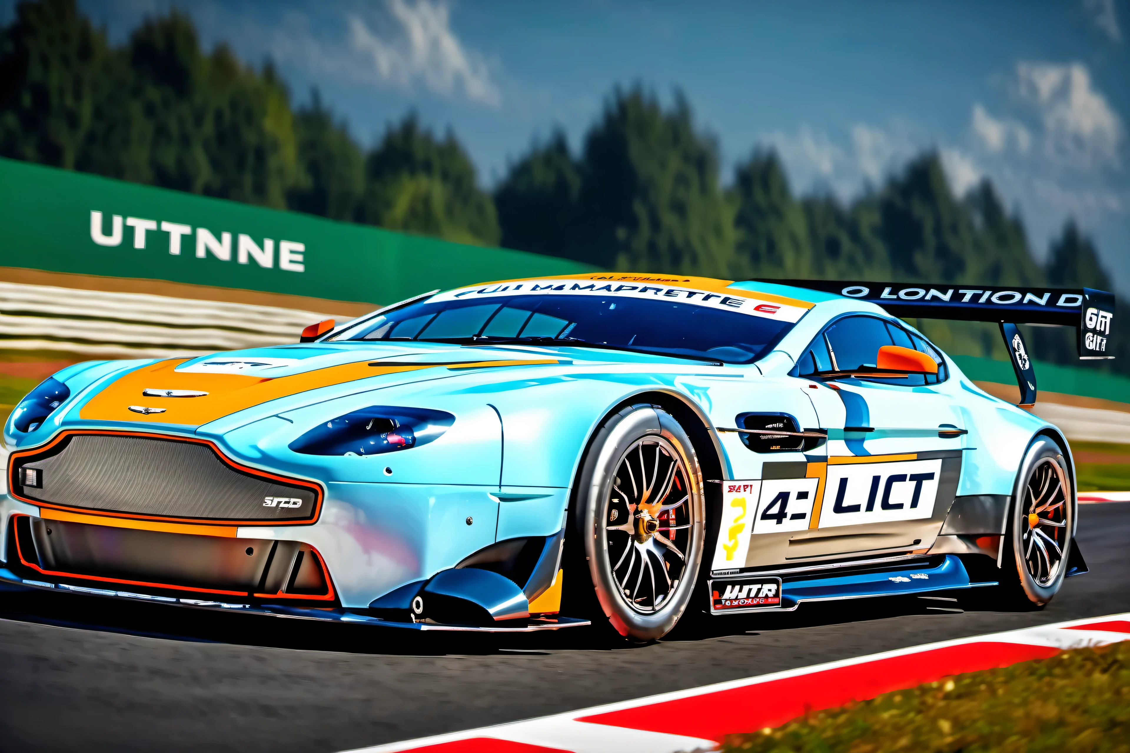 masterpiece, best quality, aston martin, V8 Vantage GT2, le mans race track, in motion, full specular sharpened 3D, HDR, UHD, vivid colors, occlusion, masterpiece, panorama, super detail, accurate, best quality, 16K, ultra-super quality, ultra-photo realistic detail, utltra-high nanite atmospheric lighting, ultra-high detailed reflections, very far shot, ultra-wide angle, 4D composite mapping, ultra-high 3D depth mapping quality, ultra-high render quality, OLED, dynamic rich shadows, ultra-high realistic graphics, HDR, (very far shot), ultra-high background detail, god rays, backlighting