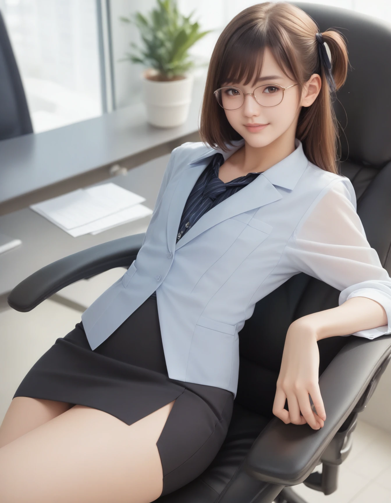 score_9, score_8_up, score_7_up, 1girl, solo,
(Best quality,masterpiece,absurdres:1.2),
(realistic:1.2),
(brown hair:1.1), (brown eyes),
one side up hair,
(flat chest:1.0),
slender,
(European:1.0),Clothing,
office ,office lady,business suit ,pencil skirt,glasses, office chair ,
lying on back,
(smile:0.6),