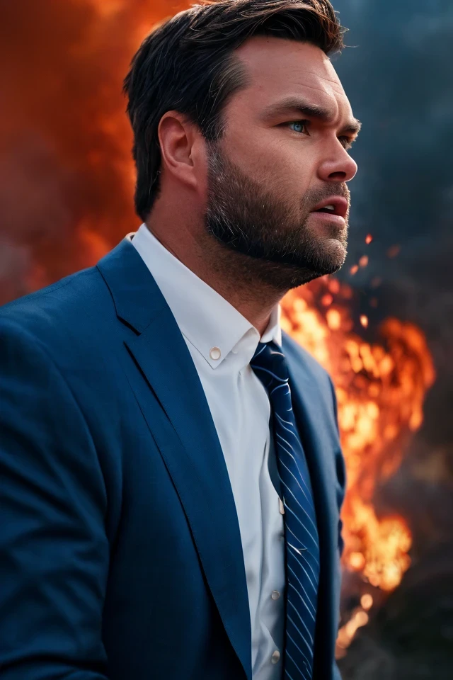 j. d. vance <lora:senate_070_j._d._vance:0.65> , face closeup, face focus, shirt, formal, suit, collared shirt, white shirt, jacket,
explossion in the background, fire and smoke, movie poster,
best quality, masterpiece, HDR, professional, studio quality, highres,