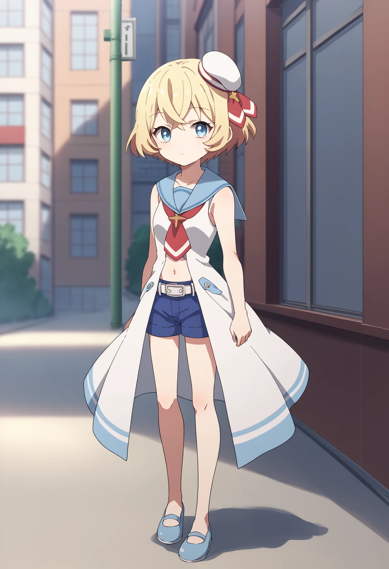 score_9, score_8_up, score_7_up, score_6_up, score_5_up, score_4_up, BREAK, source_anime,
1girl, lierre, blonde hair, short hair, blue eyes,
white dress, belt, mini white hat, navel, sailor collar, blue shorts, sleeveless shirt,
standing, full body, looking at viewer, solo, outdoors, buildings, tokyo street background <lora:LierreXL:1>