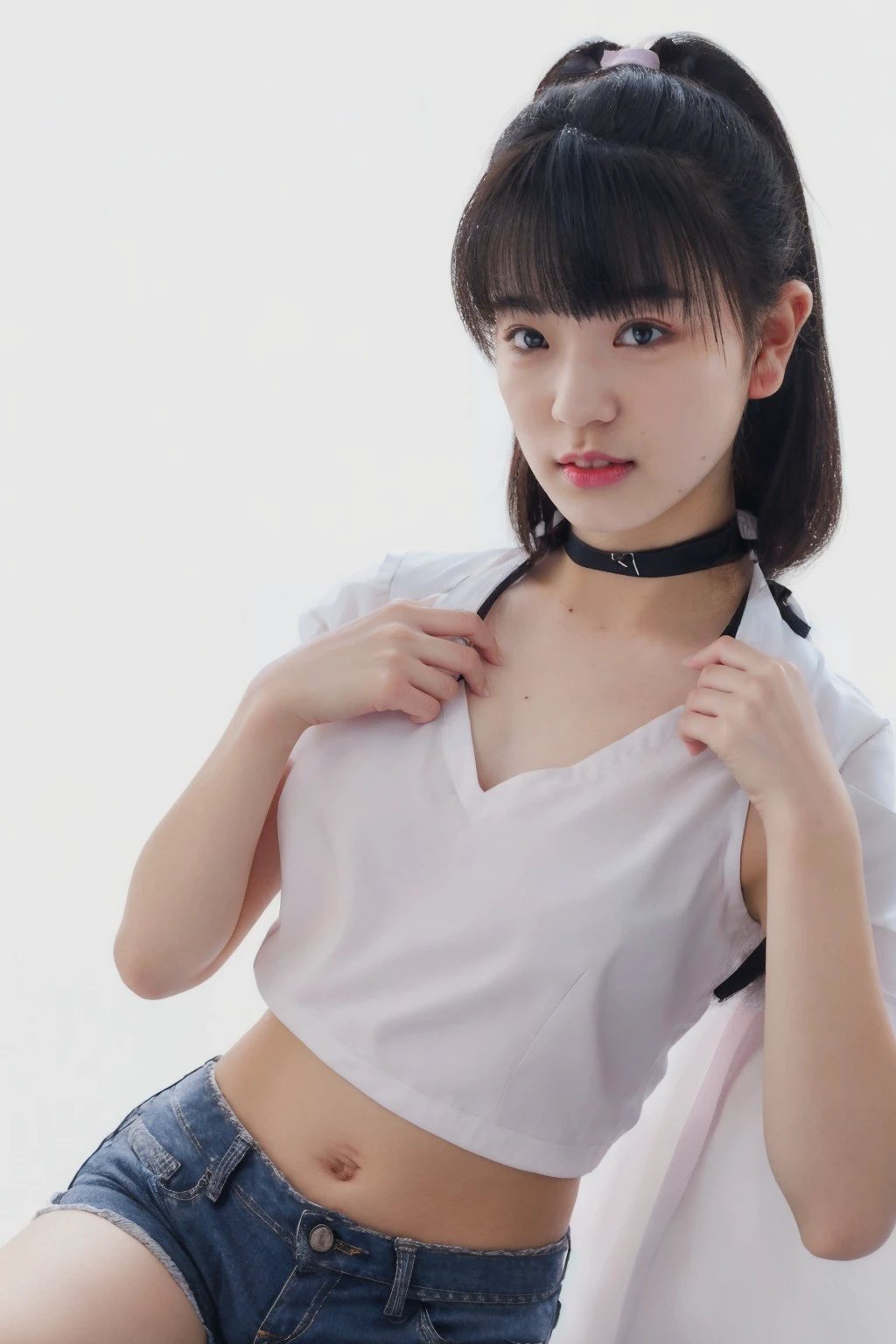 1girl, medium breasts, looking at viewer, realistic, photorealistic, lips. black hair, bangs, mole, mole under eye, cinematic lighting, highly detailed, sharp focus, professional photoshoot, 8k, DOF, (in studio, white background), <lora:hinako_tamaki:1> ,<lora:breastsizeslideroffset:-0.4>, <lora:skin_slider_v2_1_FACE:0.5>, <lora:add_detail_v5:1>, bare shoulders, black ribbon, black shorts, collar, collared shirt, neck ribbon, ribbon, shirt, shorts, sleeveless, sleeveless shirt, (white shirt:1.2),