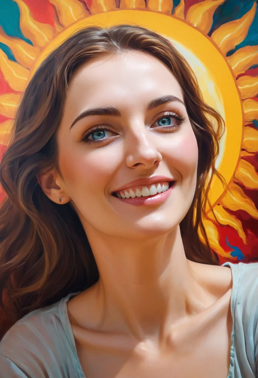 The painting captures the woman's youthful beauty with vibrant colors, her eyes shine like the sun and her smile radiates joy. The background is blurry and unclear, as if it were part of a dreamy memory or fantasy. The portrait is ambiguous, leaving the viewer to decide on their own interpretation of the scene. It's lively and full of life, almost as if the woman is still alive in some way, despite her age. The painting is definitely unique and unlike anything else, making it a treasure to behold., (&:0)