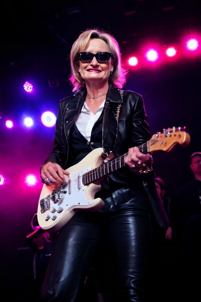 cindy hyde-smith <lora:senate_048_cindy_hyde-smith:0.65> , face closeup, face focus, shirt, formal, suit, collared shirt, white shirt, jacket,
Senate Rockstar: Dressed in leather pants, a rock band t-shirt, and sunglasses, holding an electric guitar on a stage with flashing lights and a cheering crowd in the background,
best quality, masterpiece, HDR, professional, studio quality, highres,