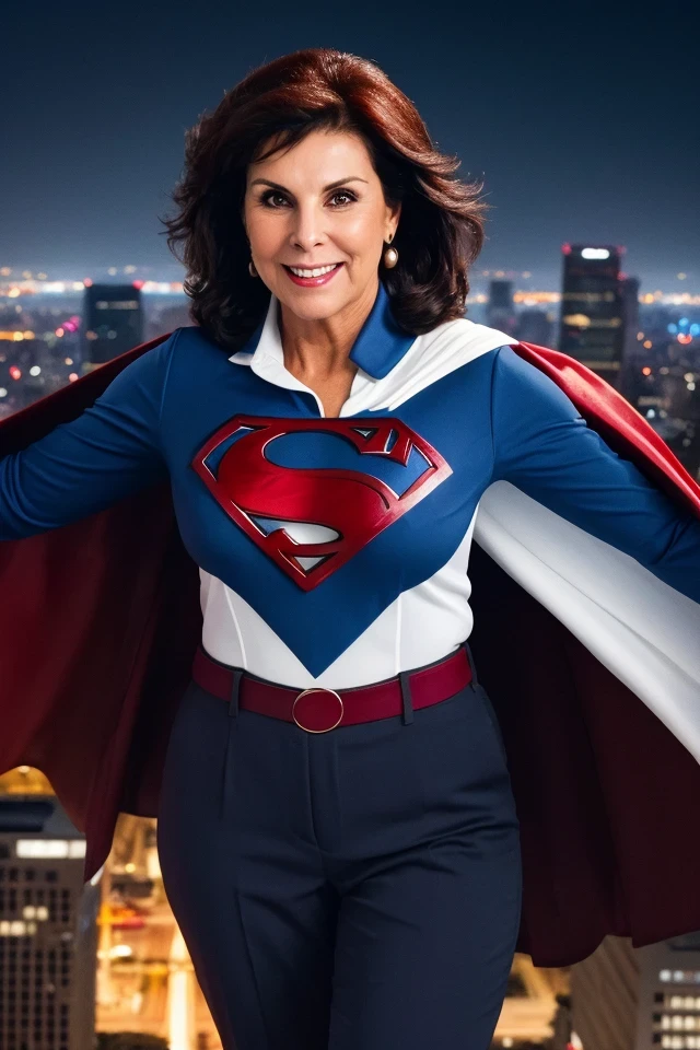 jacky rosen <lora:senate_056_jacky_rosen:0.65> , face closeup, face focus, shirt, formal, suit, collared shirt, white shirt, jacket,
Wearing a superhero costume with a giant "S" on the chest, flying above a city skyline with a cape flowing behind them,
best quality, masterpiece, HDR, professional, studio quality, highres,