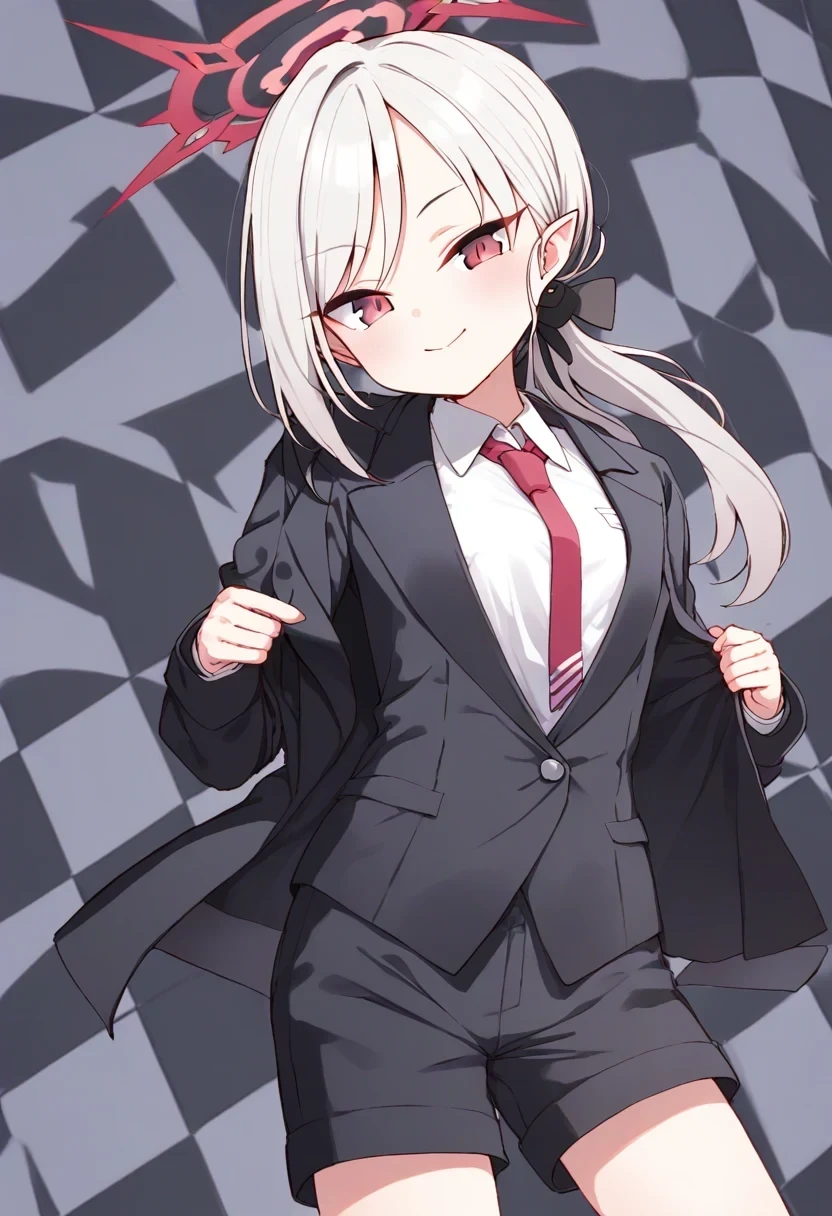 <lora:ps68_dress_pony:1>1girl, mutsuki \(suit\) \(blue archive\), black jacket, black shorts, cowboy shot, looking at viewer, simple background, checkered background, white shirt, red necktie
