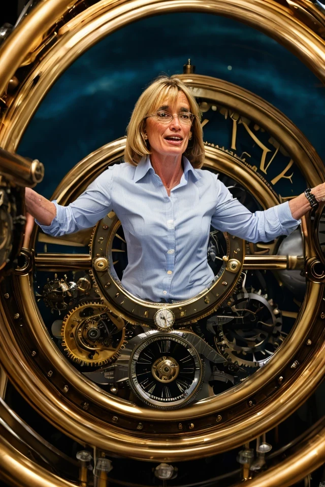maggie hassan <lora:senate_058_maggie_hassan:0.65> , face closeup, face focus, shirt, formal, suit, collared shirt, white shirt, jacket,
Dressed in a steampunk outfit,large clock or time machine device, set against a backdrop of a swirling vortex,
best quality, masterpiece, HDR, professional, studio quality, highres,