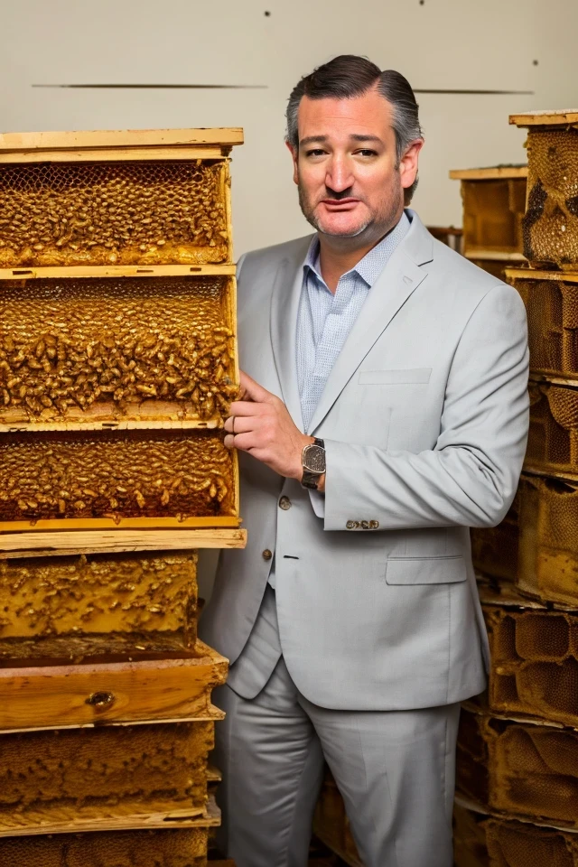 ted cruz <lora:senate_086_ted_cruz:0.65> , face closeup, face focus, shirt, formal, suit, collared shirt, white shirt, jacket,
Wearing a beekeeper suit, standing in an apiary with bee hives around, holding a giant honeycomb, "Honey Pot Funds",
best quality, masterpiece, HDR, professional, studio quality, highres,