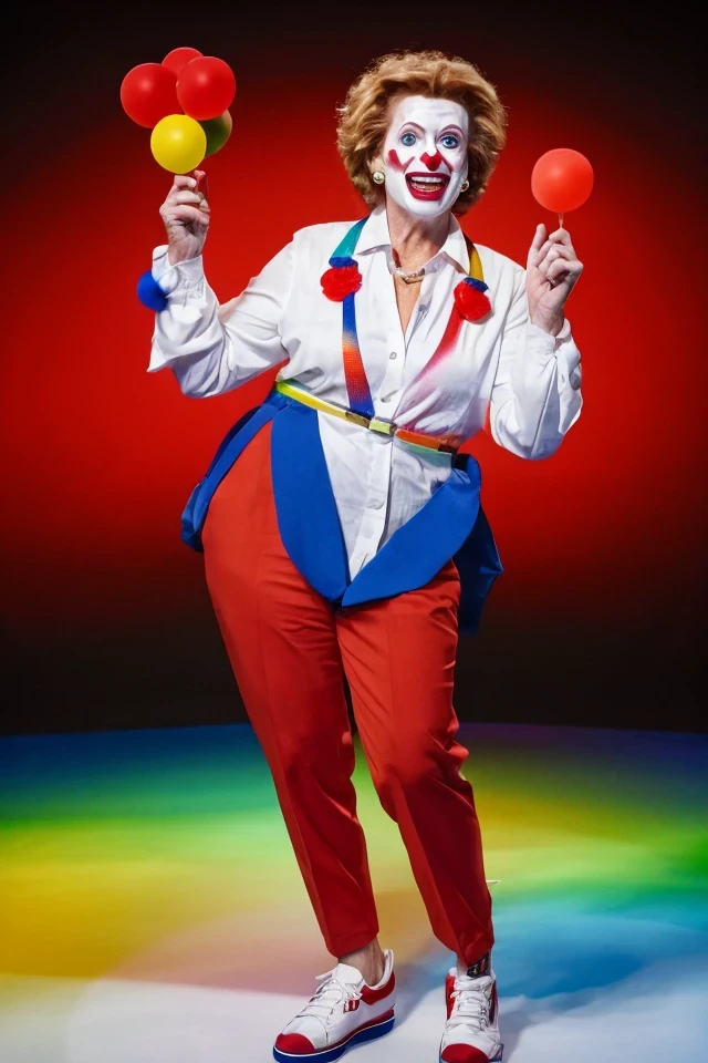 debbie stabenow <lora:senate_043_debbie_stabenow:0.65> , face closeup, face focus, shirt, formal, suit, collared shirt, white shirt, jacket,
Dressed in full clown regalia, with a red nose, oversized shoes, and rainbow suspenders, juggling several large balls,
best quality, masterpiece, HDR, professional, studio quality, highres,