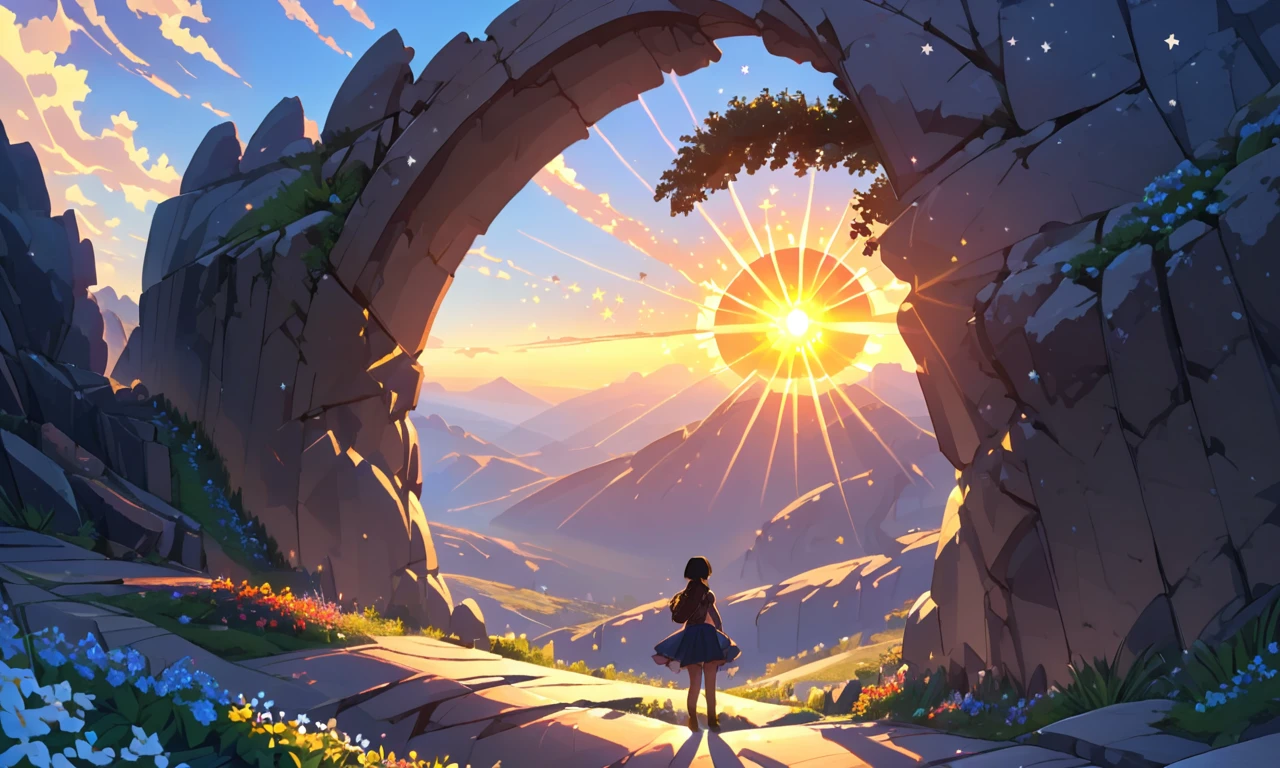 flowers, sheer rock walls, shadow, sun, mountain, star (sky), sunset, rock arch, day, facing away, a person standing near the base of a mountain, black hair, lens flare <lora:SpaceOperettaNeo_epoch_7:1>