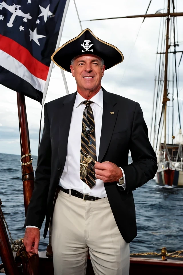 jerry moran <lora:senate_031_jerry_moran:0.65> , face closeup, face focus, shirt, formal, suit, collared shirt, white shirt, jacket,
Clad in a pirate outfit with an eyepatch, standing on a pirate ship with a Jolly Roger flag in the background, "Treasury Hunt",
best quality, masterpiece, HDR, professional, studio quality, highres,