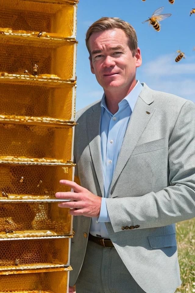 michael bennet <lora:senate_011_michael_bennet:0.65> , face closeup, face focus, shirt, formal, suit, collared shirt, white shirt, jacket,
Wearing a beekeeper suit, standing in an apiary with bee hives around, holding a giant honeycomb, "Honey Pot Funds",
best quality, masterpiece, HDR, professional, studio quality, highres,