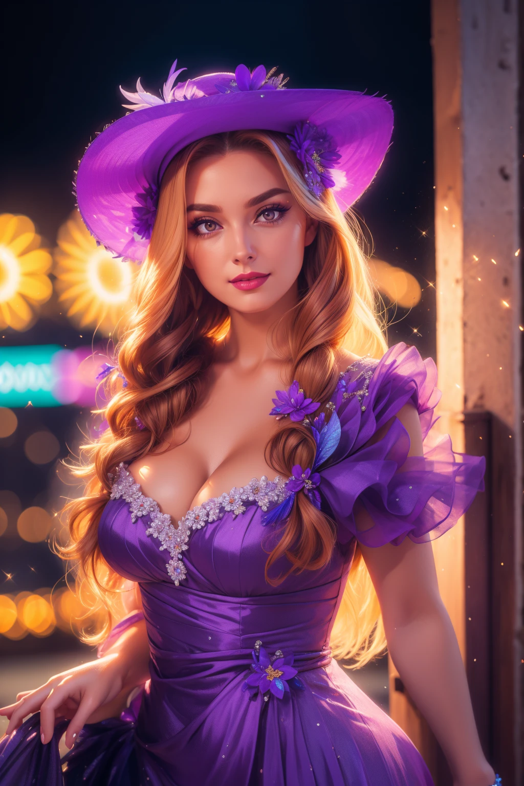 cinematic film still  beautiful adult woman, <lora:FA-44:0.75>, large sun hat  rapunzel, \(tangled\), very long blonde braid, purple:1.2 dress, english fashion eyeliner, eyeshadow, makeup, iridescent lips dark hair __hairstyle__ portrait, cleavage, high quality, best quality, high detail, 8k resolution,  hair ornament Retro Diner, Neon Lights, Modern City Backdrop,   . shallow depth of field, vignette, highly detailed, high budget, bokeh, cinemascope, moody, epic, gorgeous, film grain, grainy