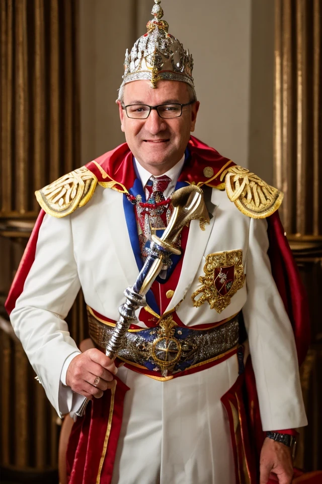 kevin cramer <lora:senate_068_kevin_cramer:0.65> , face closeup, face focus, shirt, formal, suit, collared shirt, white shirt, jacket,
Clad in a medieval jester outfit with bells on the hat, standing in a castle's throne room, holding a scepter with a funny face on top,
best quality, masterpiece, HDR, professional, studio quality, highres,