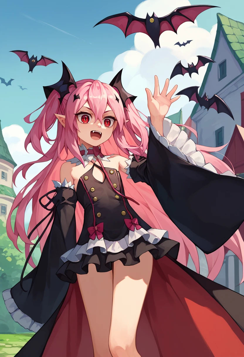 score_9, score_8_up, score_7_up, source anime, 1girl, Krul, two side up, pink hair, red eyes, pointy ears, hair ornament, detached sleeves, detached collar, black dress, black skirt, waist cape, outdoors, waving, bat <lora:Krul Tepes2-000006:1>
