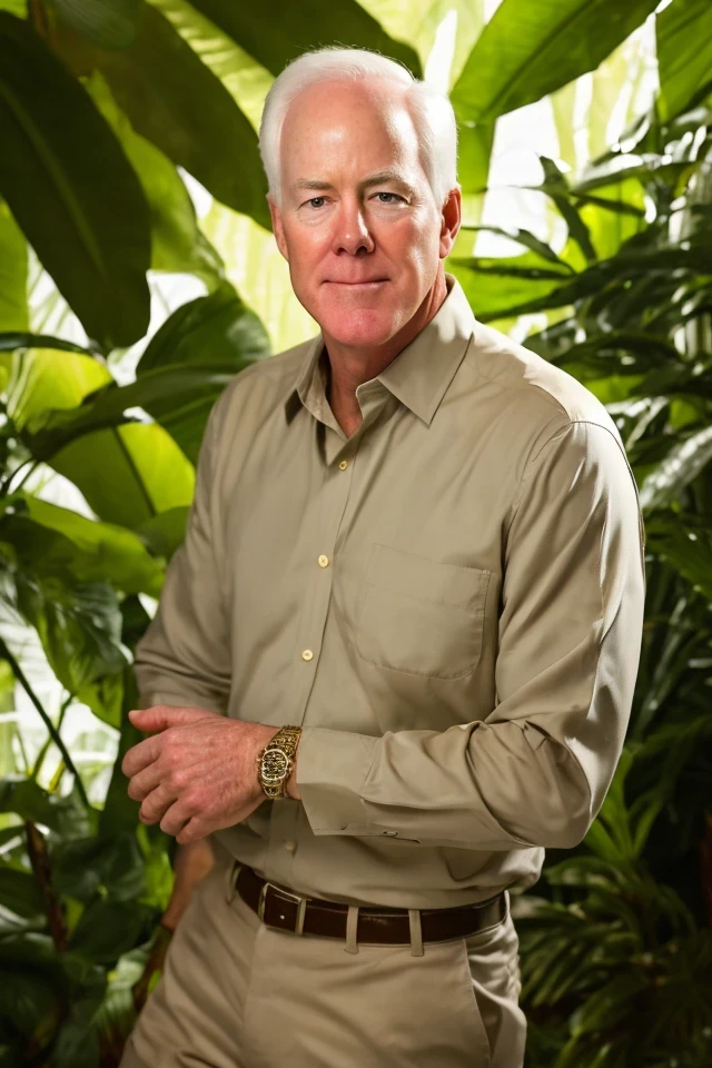 john cornyn <lora:senate_085_john_cornyn:0.65> , face closeup, face focus, shirt, formal, suit, collared shirt, white shirt, jacket,
Wearing a safari outfit with pith helmet, standing in a jungle setting,
best quality, masterpiece, HDR, professional, studio quality, highres,