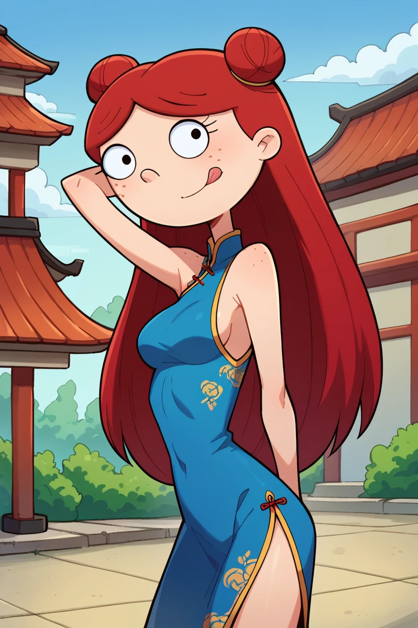 score_9, score_8_up, score_7_up, score_6_up, BREAK lila sawyer,1girl, solo,standing, red hair, long hair, double bun,:p,closed mouth,tongue out, black eyes,freckles,blue china dress, outdoors, east asian architecture,looking  at viewer,smile,medium breasts,arm behind head,(from side:0.8),   <lora:LilaPony:1>