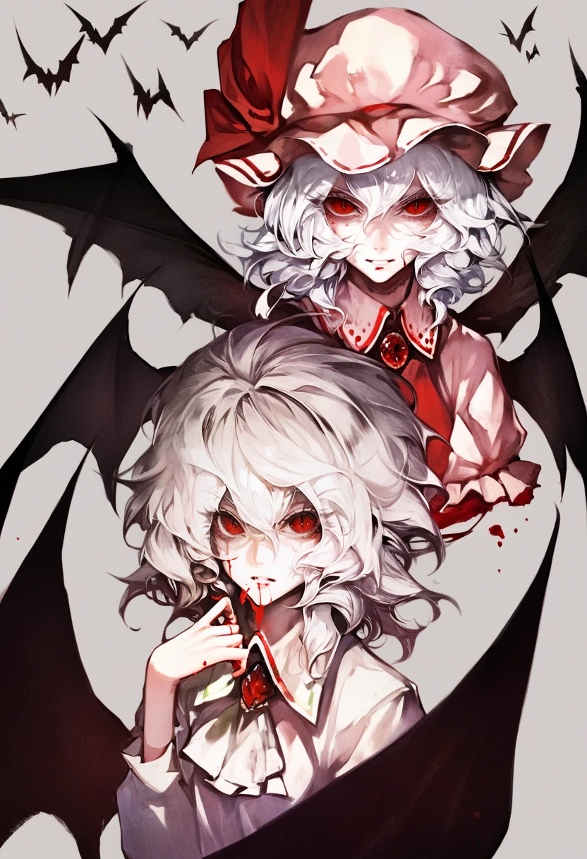 score_9, score_8_up, score_7_up, score_6_up, <lora:banpaiakiraXL_P6_lokr_V4236:0.95>  wings, remilia scarlet, 2girls, multiple girls, red eyes, hat, white hair, knife, bat wings, shirt, blood, short hair, izayoi sakuya, single wing, hat ribbon, black wings, ascot, mob cap, ribbon, looking at viewer, long sleeves, string