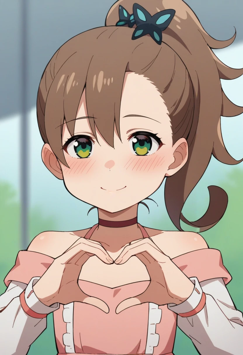 score_9, score_8_up, score_8, source_anime, 1girl, <lora:RinneInabav2:0.85> young girl, flat chest, sidetail hair, brown hair, green eyes, blush, brown choker, pink dress, white sleeves, butterfly hair ornament, upper body, smile, blush, heart hands,
simple background, blurry background,