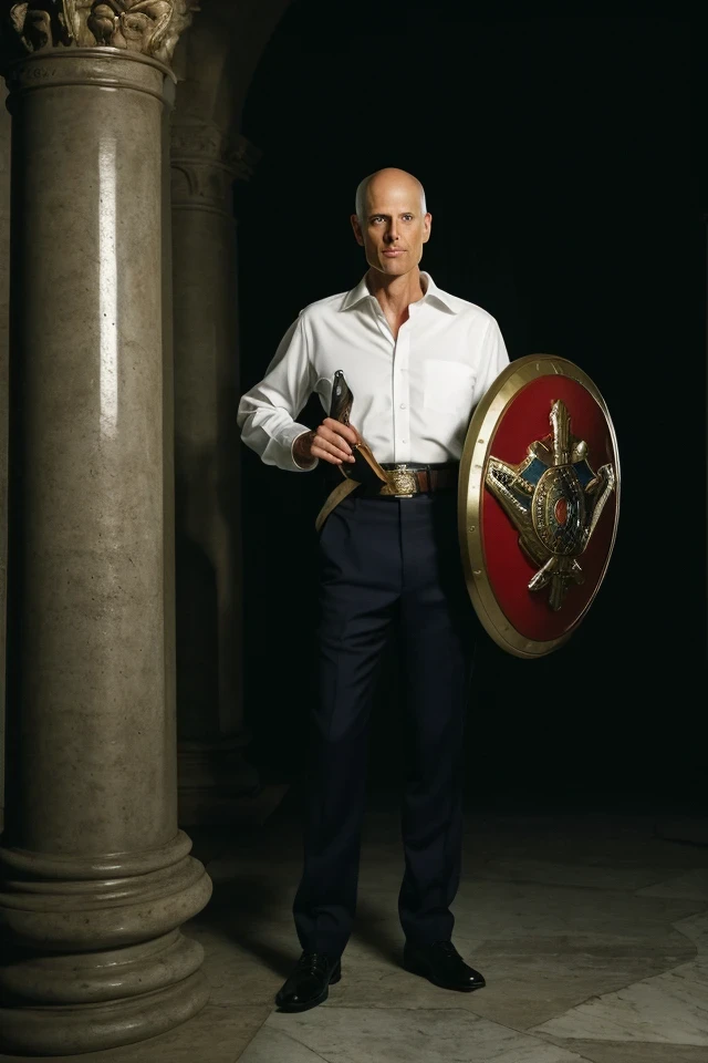 rick scott <lora:senate_018_rick_scott:0.65> , face closeup, face focus, shirt, formal, suit, collared shirt, white shirt, jacket,
Wearing gladiator armor, standing in a Roman-style coliseum, holding a sword and shield with the Senate emblem on it,
best quality, masterpiece, HDR, professional, studio quality, highres,