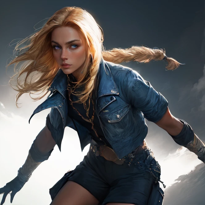 cowboy shot, solo,  <lora:mirageKoas:0.7> mirage_koas, blonde hair, long hair, braid, single braid, braided ponytail, parted bangs, blue eyes, jacket, open jacket, shirt, high collar, belt, fingerless gloves, wristbands, shorts, pantyhose, (best quality, masterpiece, perfect face, beautiful and aesthetic:1.2, colorful, dynamic angle, highest detailed face) PROMPT HERE (high contrast, official art, extreme detailed, highest detailed)