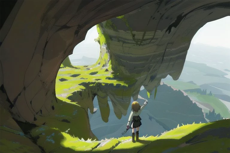 Best quality, 1girl, cave, cliff, standing on cliff, standing, wave, moss