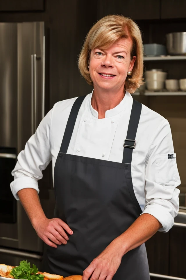 tammy baldwin <lora:senate_098_tammy_baldwin:0.65> , face closeup, face focus, shirt, formal, suit, collared shirt, white shirt, jacket,
wearing a chef hat and apron, with a kitchen in the background,
best quality, masterpiece, HDR, professional, studio quality, highres,