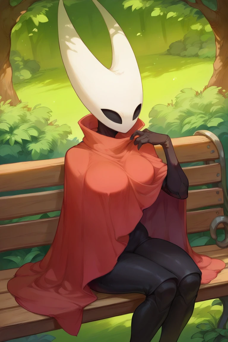 1girl, hornet_hk, red cloak, sitting on bench, park,<lora:Hornet Hollow Knight Pony XL:0.9>  <lora:cutesexyronutts_style_xl:0.65> csr style, score_9, score_8_up, score_7_up,