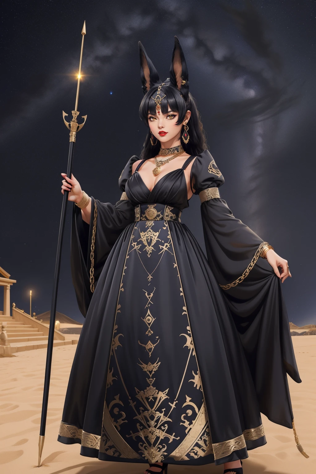 (macro shot:1.1), (battoujutsu_stance:1.1), (full body photo:1.3), adult woman, red lipstick, hud_anubis_drss, long dress, black dress with gold detail, ((black animal ears)), earrings, bracelets, necklace, gold headdress, long sleeves, puffy sleeves, high heels, staff, <lora:Anubis_Dresssd15-000008:0.7>, outdoors, night sky,