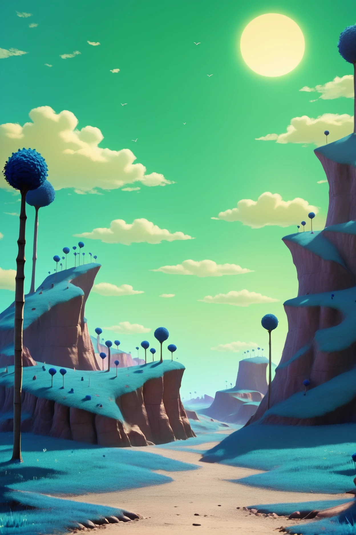 score_9, score_8_up, score_7_up, score_6_up,3d,namek, no humans, scenery, outdoors,detailed, green sky, cloud, blue grass, tree, day,sun, plateau, <lora:NamekPony:1>