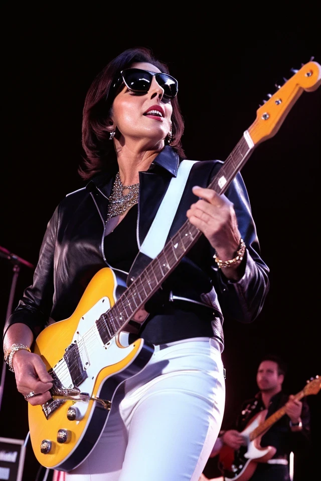 jacky rosen <lora:senate_056_jacky_rosen:0.65> , face closeup, face focus, shirt, formal, suit, collared shirt, white shirt, jacket,
Senate Rockstar: Dressed in leather pants, a rock band t-shirt, and sunglasses, holding an electric guitar on a stage with flashing lights and a cheering crowd in the background,
best quality, masterpiece, HDR, professional, studio quality, highres,
